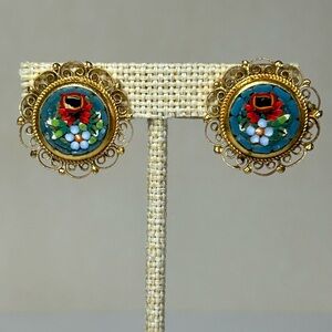 Vintage Micro Mosaic Tile Clip On Earrings 1960's MillefioriGold Blue Floral